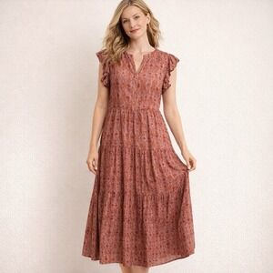 Sweet Magnolia Boho Midi Dress M Geometric Tiered Ruffle Sleeve Lined Viscose